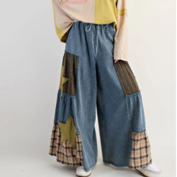 EASEL CHAMBRAY PATCHED WIDE LEG PANT NWT - Picture 3 of 9